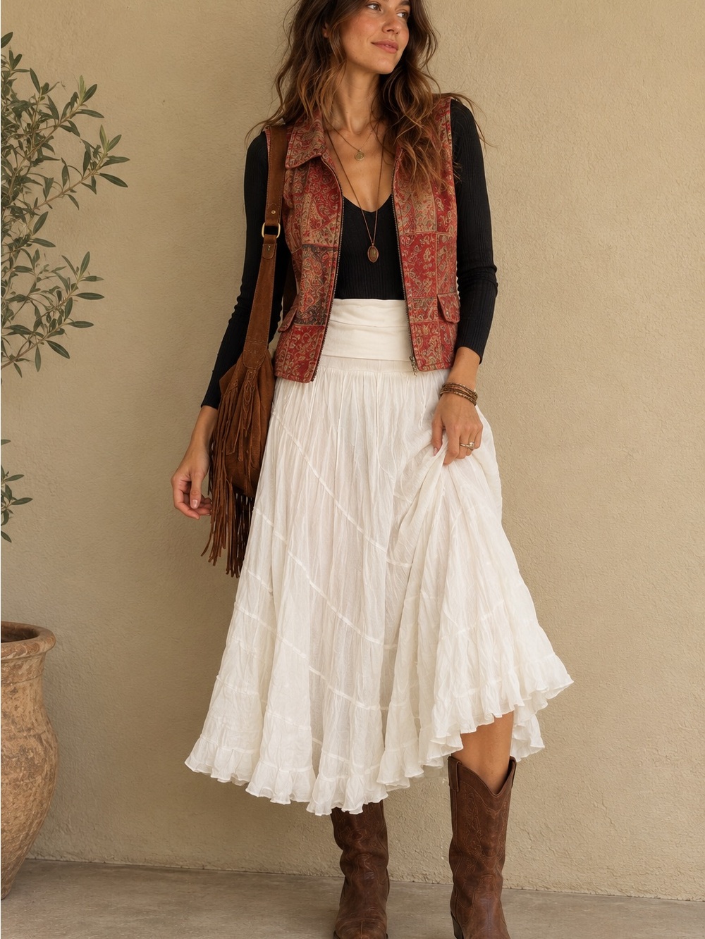 Now & Then Foldover Waist Curved Seam Flounce Midi Skirt White Size Large